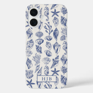 nautische zeeschelpen blauw schets monogram iPhone 16 hoesje