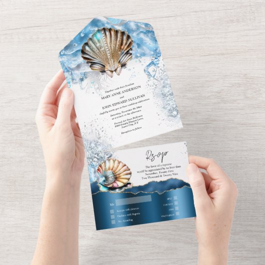 Nautische zeeschelpen oceaangolven blauw wit goud all in one uitnodiging (Afscheurbaar)