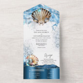 Nautische zeeschelpen oceaangolven blauw wit goud all in one uitnodiging (Binnen)