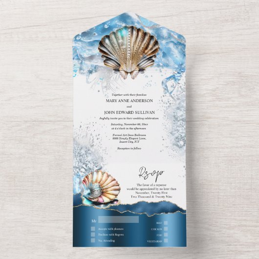 Nautische zeeschelpen oceaangolven blauw wit goud all in one uitnodiging (Binnen)