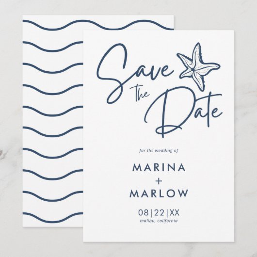 Nautische Zeester Navy & Witte Golf Save The Date (Voorkant / Achterkant)
