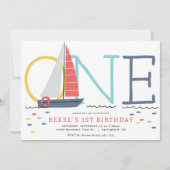 Nautische zeilboot 1e verjaardag uitnodiging (Voorkant)