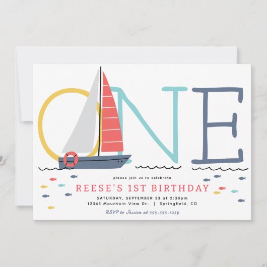 Nautische zeilboot 1e verjaardag uitnodiging (Voorkant)