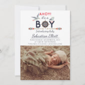 Nautische zeilboot Ahoy Baby Boy Foto Aankondiging (Voorkant)