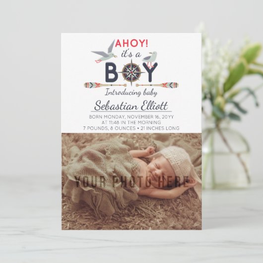 Nautische zeilboot Ahoy Baby Boy Foto Aankondiging (Staand voorkant)