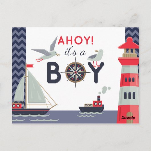 Nautische zeilboot Ahoy Baby Jongen Douche Dank u Briefkaart (Achterkant)