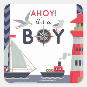 Nautische zeilboot Ahoy Baby Jongen Douche Uitnodi Vierkante Sticker