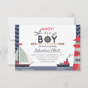 Nautische zeilboot Ahoy Baby Jongen Geboorte Aanko Aankondiging