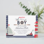 Nautische zeilboot Ahoy Baby Jongen Geboorte Aanko Aankondiging (Staand voorkant)