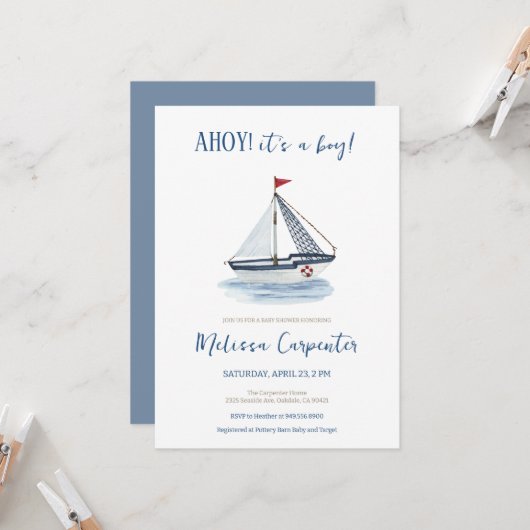 Nautische zeilboot Ahoy het is een Boy Baby shower Kaart (Voorkant / Achterkant in situ)