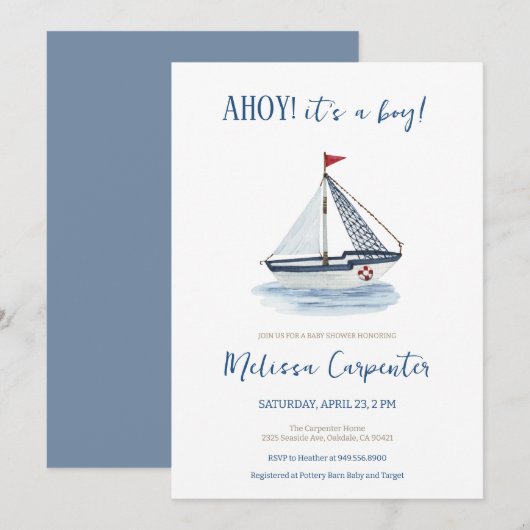 Nautische zeilboot Ahoy het is een Boy Baby shower Kaart (Voorkant / Achterkant)