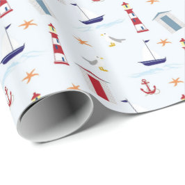 Nautische Zeilboot Anker Zee Meeuw Vuurtoren Oceaa Cadeaupapier
