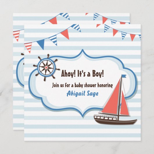 Nautische Zeilboot Baby Douche Uitnodigingen voor  (Voorkant / Achterkant)