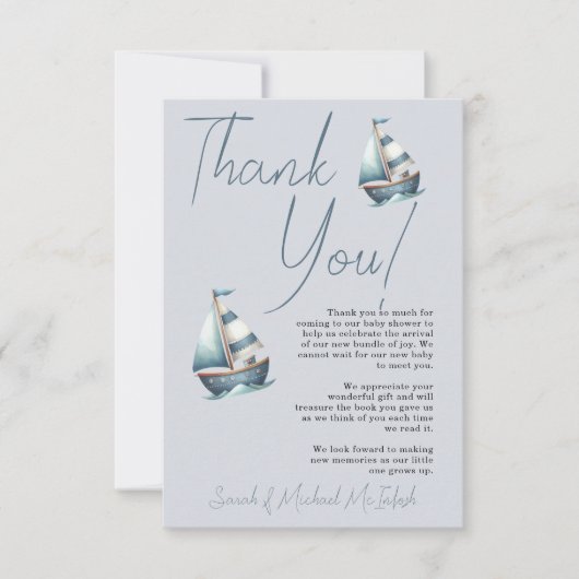 Nautische zeilboot Baby shower dank u kaart (Voorkant)