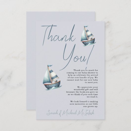 Nautische zeilboot Baby shower dank u kaart (Voorkant / Achterkant)