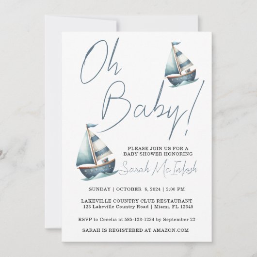 Nautische Zeilboot Baby shower Uitnodiging (Voorkant)