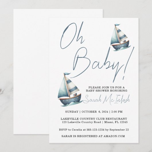 Nautische Zeilboot Baby shower Uitnodiging (Voorkant / Achterkant)