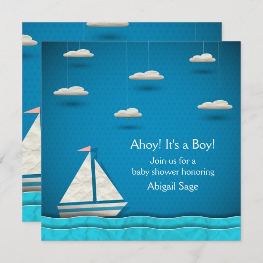 Nautische zeilboot Baby shower Uitnodiging ~ Jonge (Voorkant / Achterkant)