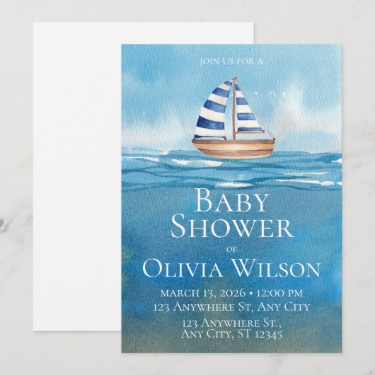 Nautische zeilboot babyshower uitnodiging (Voorkant / Achterkant)