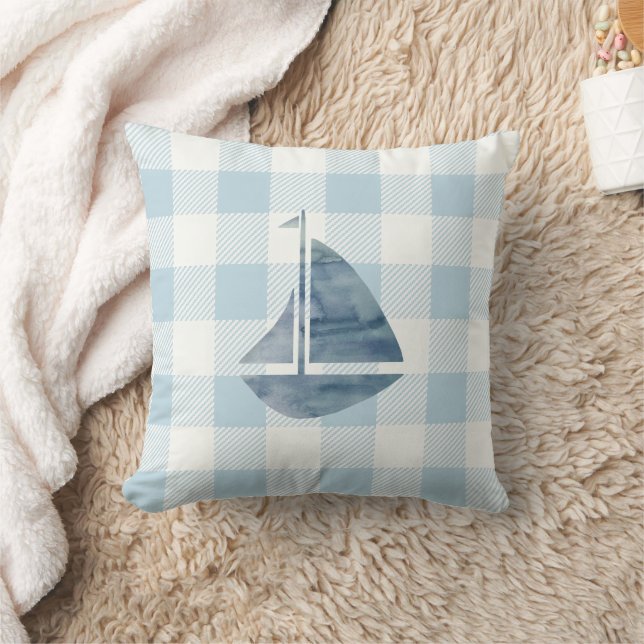 Nautische zeilboot Blue Gingham Check Kussen (Deken)
