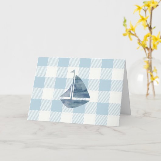 Nautische zeilboot Blue Gingham Pattern Kaart (Gele Bloem)