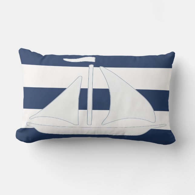 Nautische Zeilboot Blue Stripe Lumbar Pillow Kussen (Voorkant)