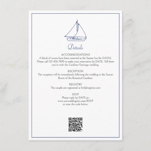 Nautische zeilboot bruiloft details informatiekaartje (Voorkant)