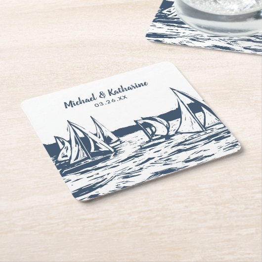 Nautische zeilboot bruiloft Onderzetter (Schuin)