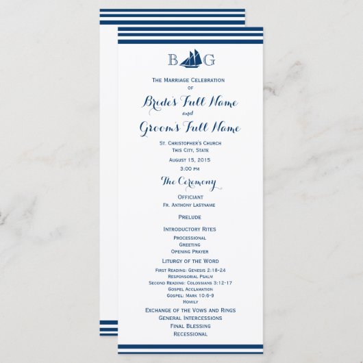 Nautische zeilboot bruiloft programma programmakaart (Voorkant / Achterkant)