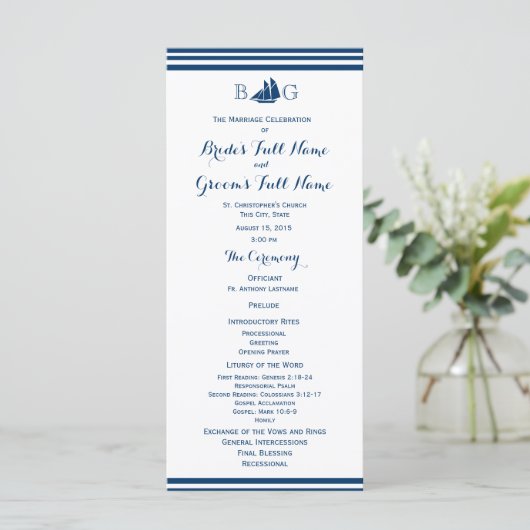 Nautische zeilboot bruiloft programma programmakaart (Staand voorkant)