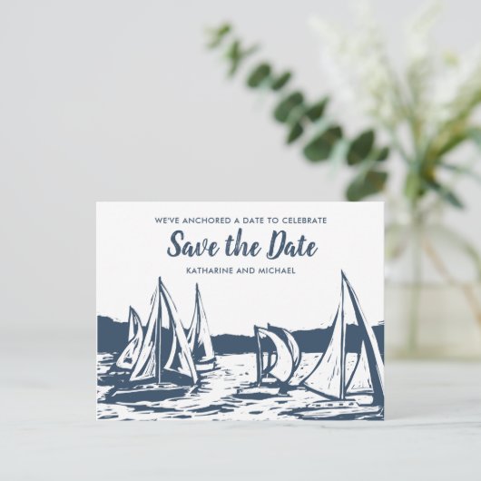 Nautische zeilboot bruiloft Save the Date Aankondigingskaart (Staand voorkant)