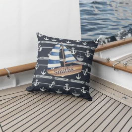 Nautische zeilboot en anker Navy Blue Buitenkussen