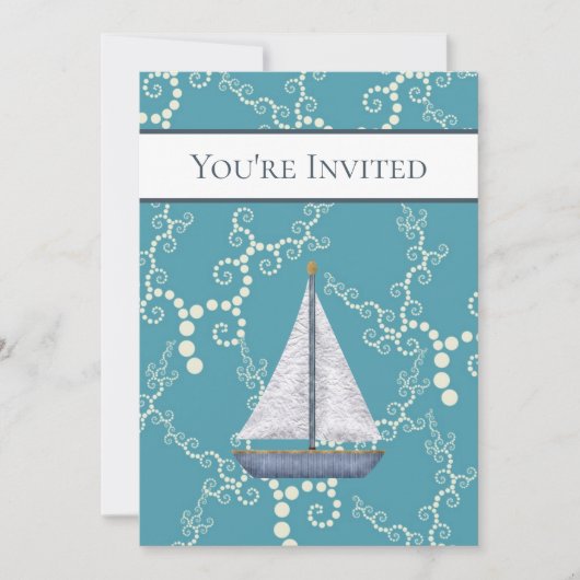 Nautische zeilboot en wervelende water bruiloft kaart (Voorkant)