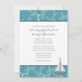 Nautische zeilboot en wervelende water bruiloft kaart (Achterkant)