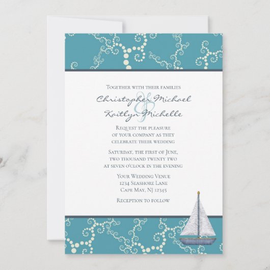 Nautische zeilboot en wervelende water bruiloft kaart (Achterkant)