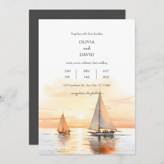 Nautische zeilboot-geïnspireerd Zee Horizon bruilo Kaart (Voorkant / Achterkant)