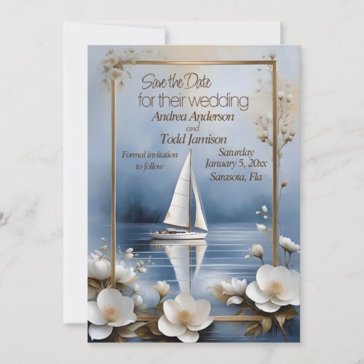 Nautische zeilboot met bloem lijst bruiloft save the date (Voorkant)