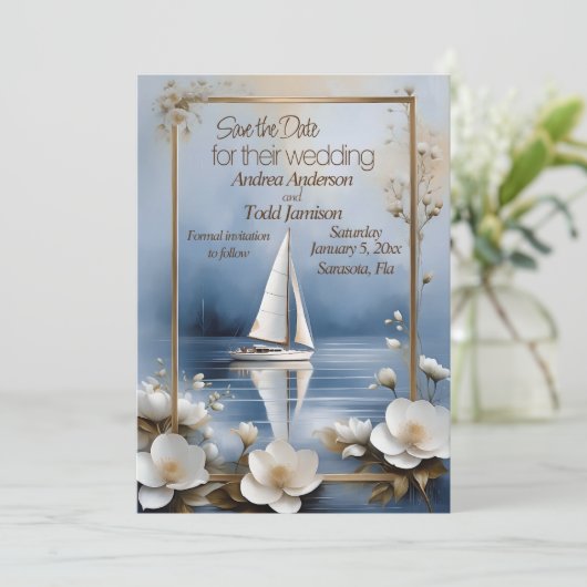 Nautische zeilboot met bloem lijst bruiloft save the date (Staand voorkant)