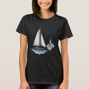 Nautische zeilboot met zeevogels en vuurtoren zeil t-shirt