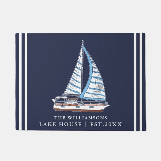 Nautische zeilboot Navy Blue Custom Lake House Deurmat (Voorkant)