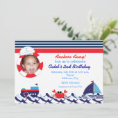Nautische zeilboot Navy Stripe Foto uitnodiging (Staand voorkant)