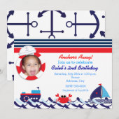 Nautische zeilboot Navy Stripe Foto uitnodiging (Voorkant / Achterkant)