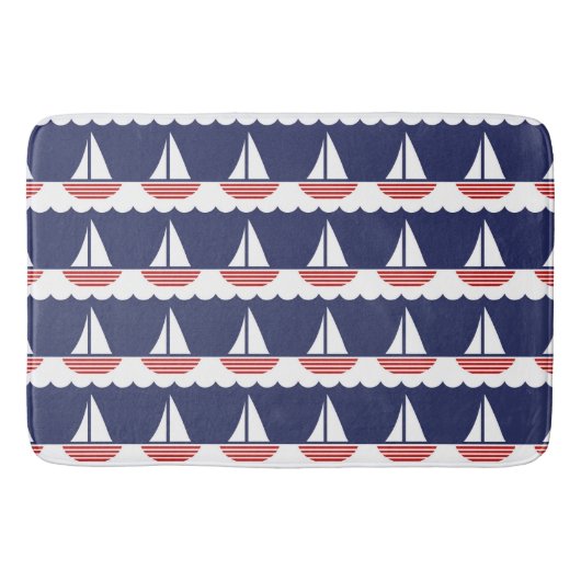 Nautische zeilboot Patroon Marine Blauw en Rood Badmat (Voorkant)
