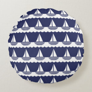 Nautische zeilboot Patroon Marine Blauw en Wit Rond Kussen