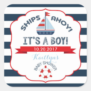 Nautische zeilboot Red Boy Baby shower Label
