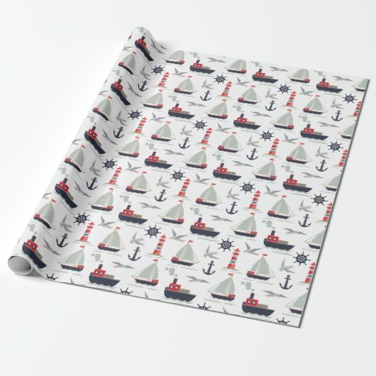 Nautische zeilboot Sailor Baby Boy Douche Party Cadeaupapier (Uitgerold)
