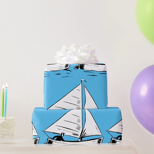 Nautische Zeilboot Schets Witte Inkt Oceaan Cadeaupapier