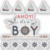 Nautische zeilboot schip Ahoy Baby Boy Scrapbook Sticker (Voorkant)