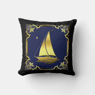 Nautische zeilboot silhouet/gouden blad faux/marin kussen