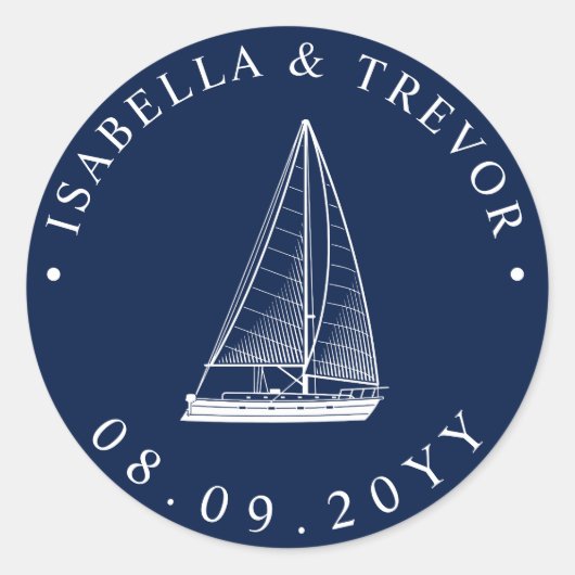 Nautische zeilboot trouwdatum ronde sticker (Voorkant)